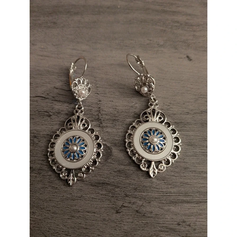 Silver Blue White Enamel Floral Filigree Drop Earrings Faux Pearl Accents